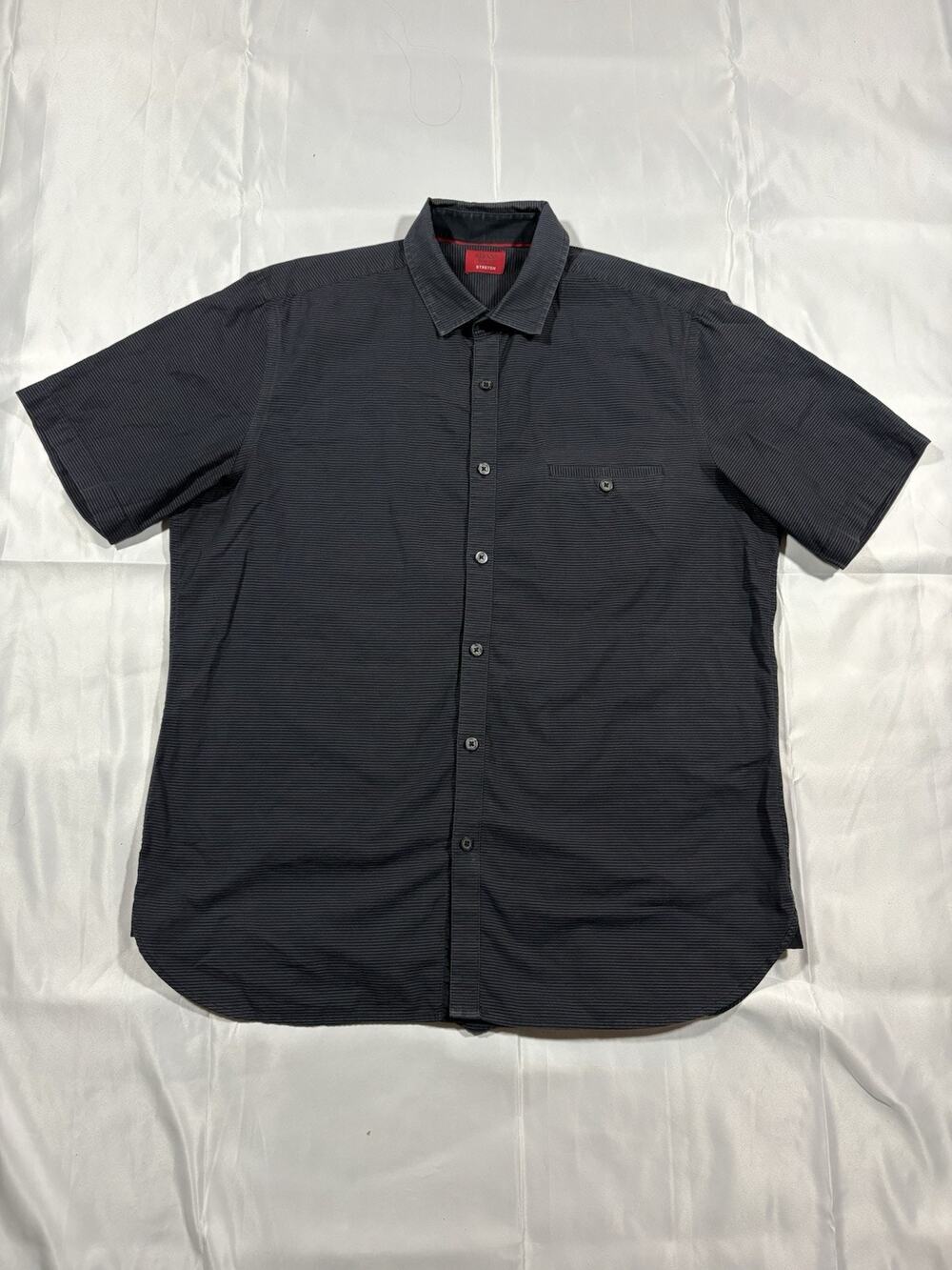 Alfani Men’s L Slim Fit Stretch Short Sleeve Button Up Shirt Black Striped